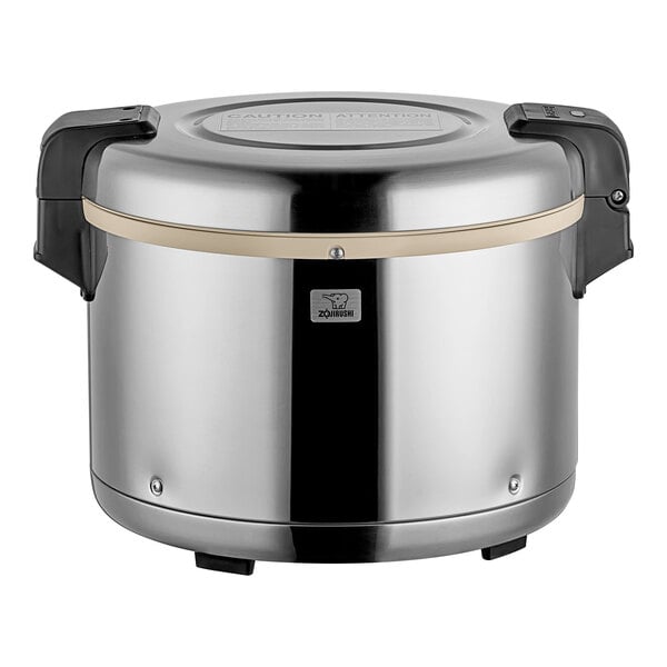 A Zojirushi stainless steel electric rice warmer with a removable pot and a lid.