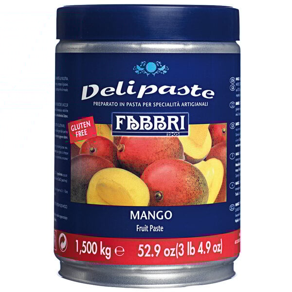 A container of Fabbri mango flavoring paste.
