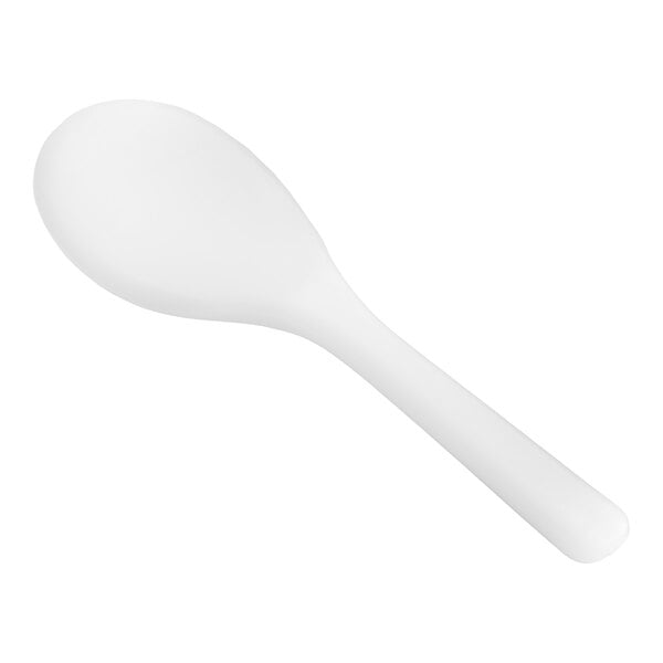 A white plastic spoon on a white background.
