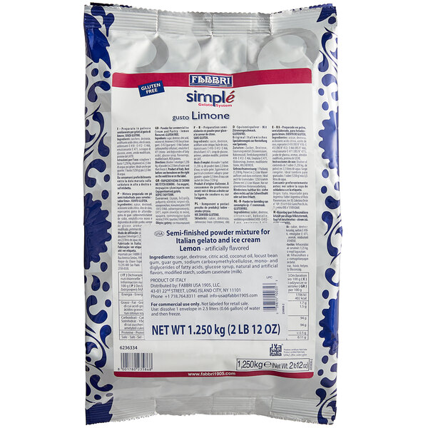 A white and blue bag of Fabbri Lemon Soft Serve Mix with blue and white text on it.