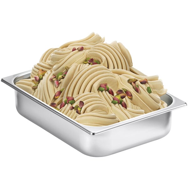 a metal tray with food in it