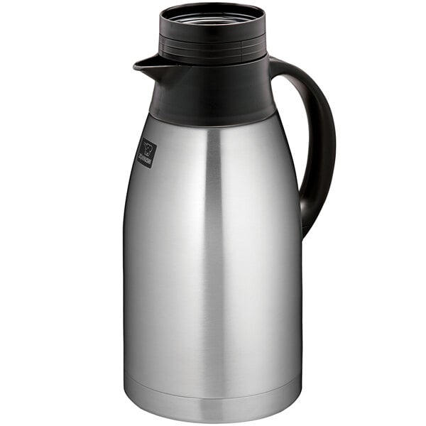 a silver and black thermos container