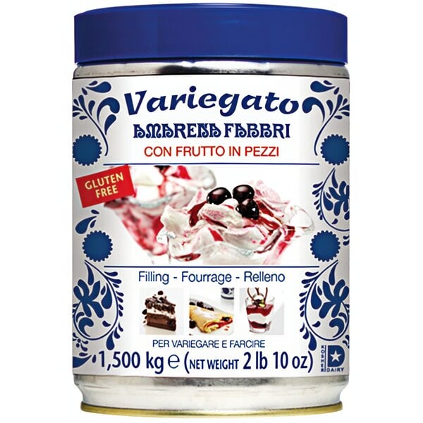 A white rectangular can of Fabbri Amarena Cherry Variegate with a blue and white label.