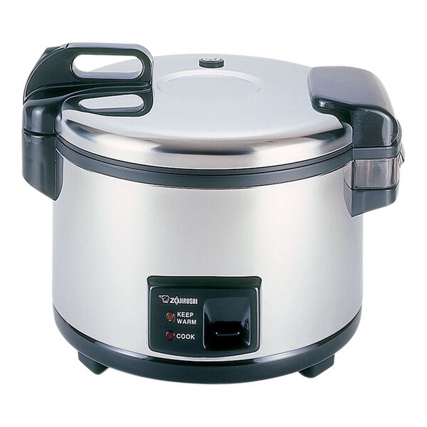 A Zojirushi stainless steel rice cooker with a lid.