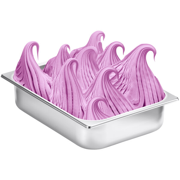 A metal pan filled with purple Fabbri blueberry-flavored ice cream.
