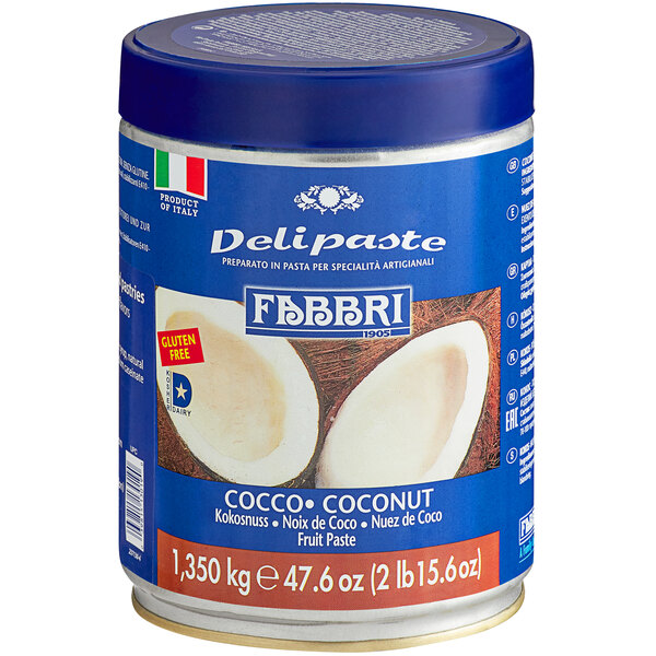 A blue and white can of Fabbri Delipaste coconut flavoring paste.