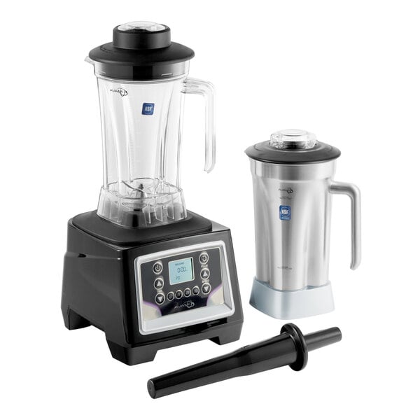 A commercial blender with a programmable touchpad control base, a 64 oz. polycarbonate container, a 64 oz. stainless steel jar, and a tamper tool.