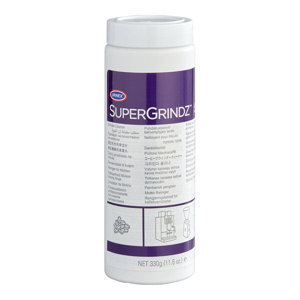 A container of Urnex SuperGrindz coffee and espresso grinder cleaner granules.