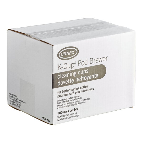 A box of Urnex K-Cup Pod Brewer cleaning cups containing 100 single-use cleaning pods.