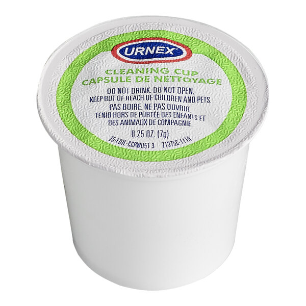 A single-use Urnex cleaning cup for K-Cup coffee brewers.