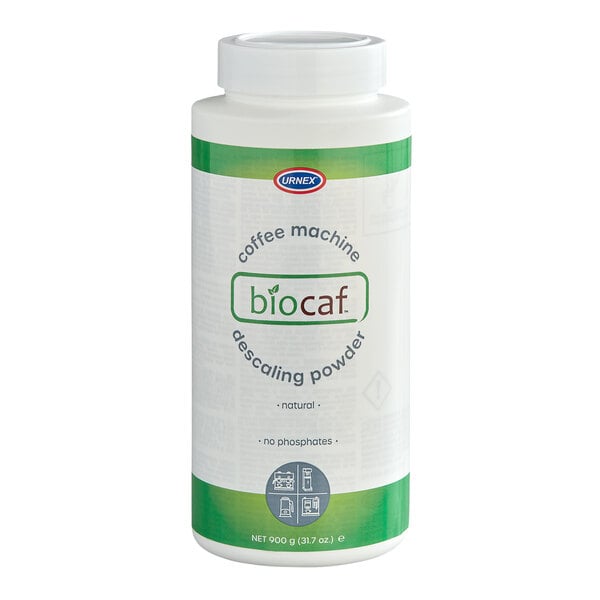 A white container of Urnex Biocaf Coffee Machine Descaling Powder with a green label.