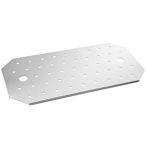 A stainless steel Choice steam table false bottom with holes.