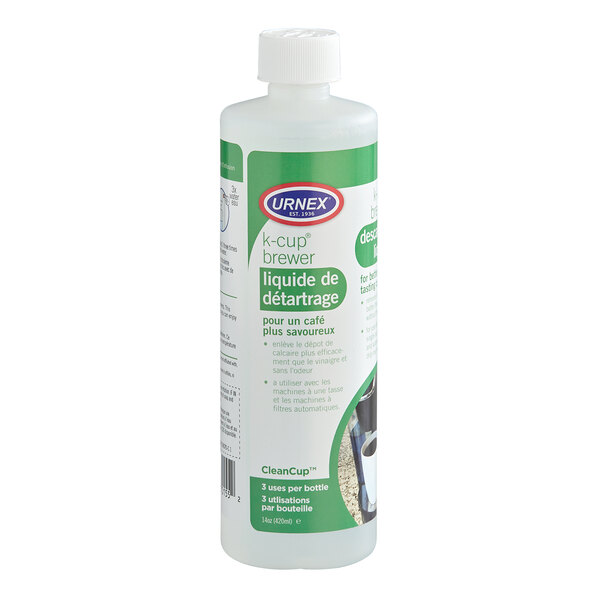 A 14 oz. bottle of Urnex K-Cup Brewer Cleaner and Descaling Liquid.