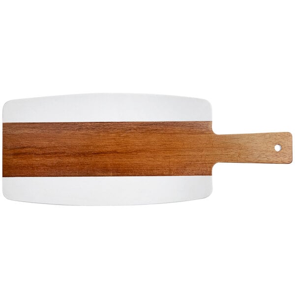 An Acacia wood serving board with a brown and white marble stripe and wooden handle.
