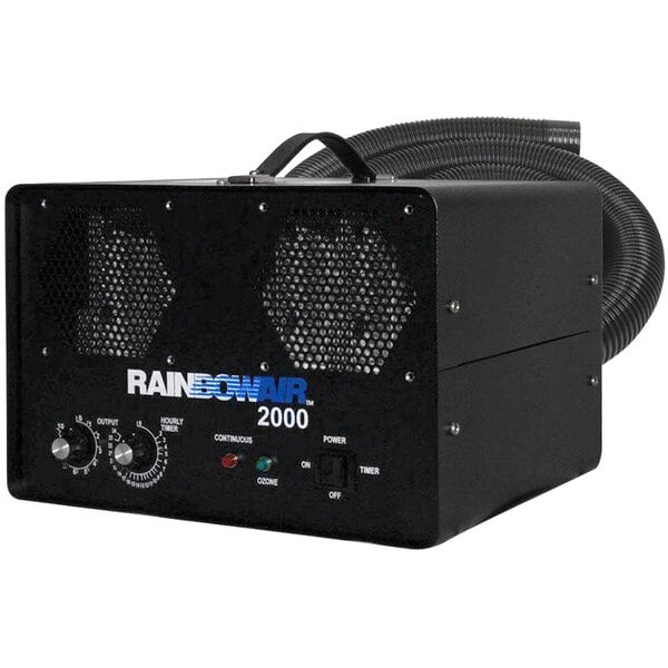 A black Rainbowair 5600-II AUTO air purifier with a black tube.