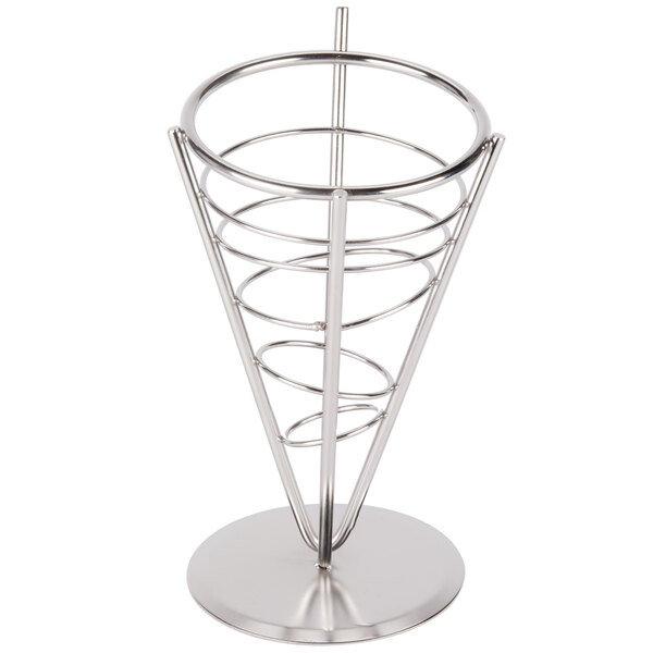 An American Metalcraft stainless steel cone basket on a stand.