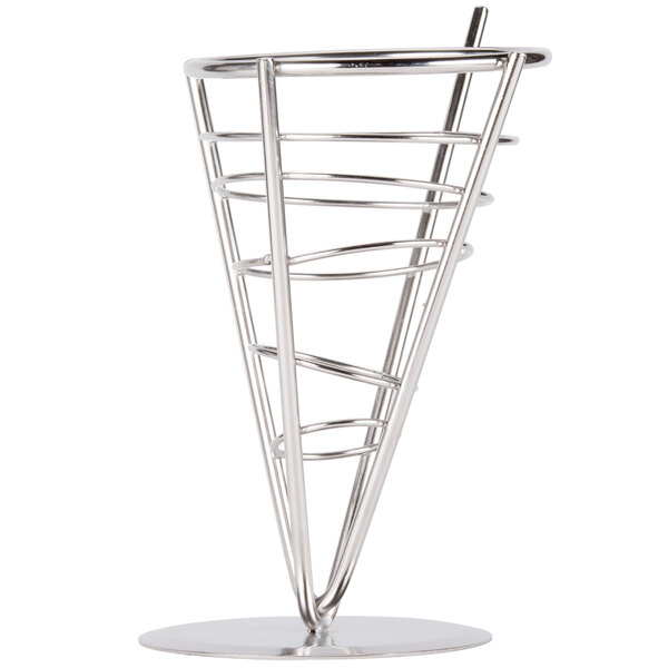 An American Metalcraft stainless steel cone basket with a metal handle.