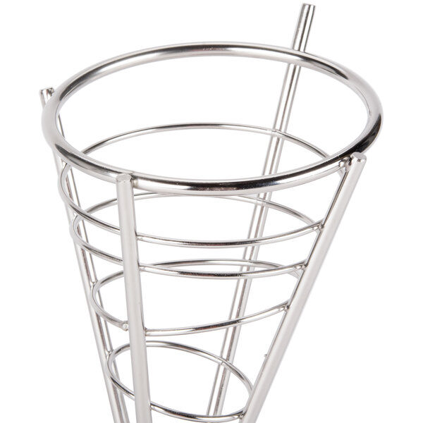 An American Metalcraft stainless steel cone basket with a handle.