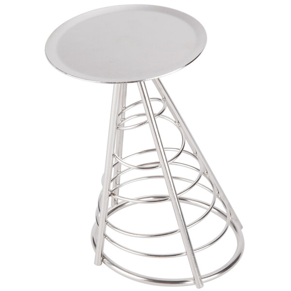 An American Metalcraft stainless steel cone basket on a round metal table.