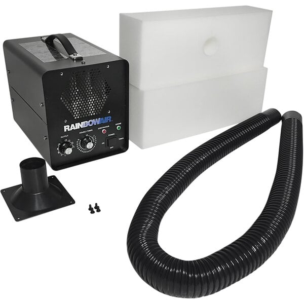 A black Rainbowair 5401-II AUTO ozone generator with a black flexible tube.