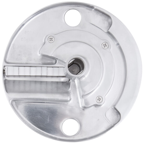 A circular metal Waring Julienne French Fry Disc with holes in it.