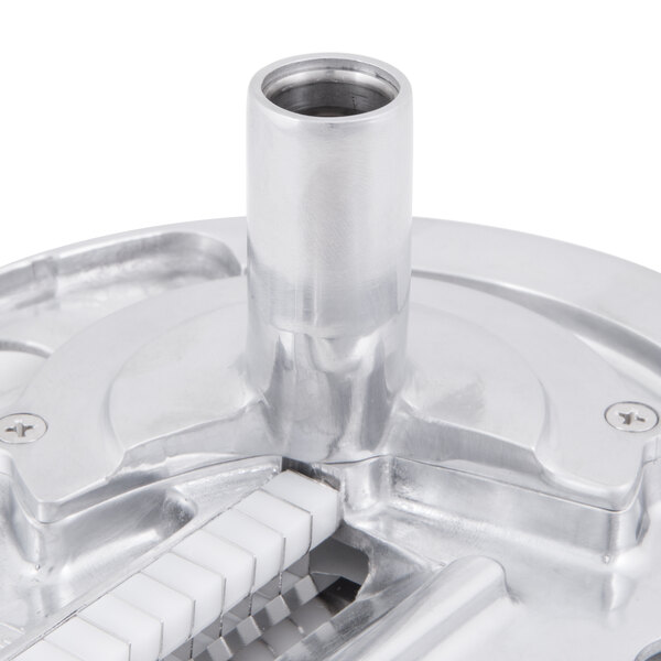 A close-up of a silver metal Waring julienne french fry disc.