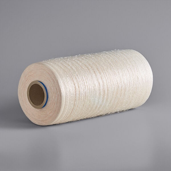 A roll of white plastic net with a blue thread on it.