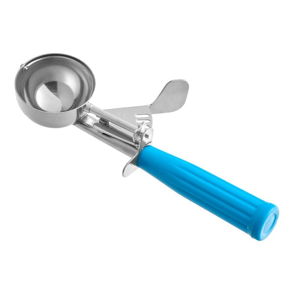 A stainless steel disher with a blue plastic handle and thumb press, designed for scooping 2 oz. portions.