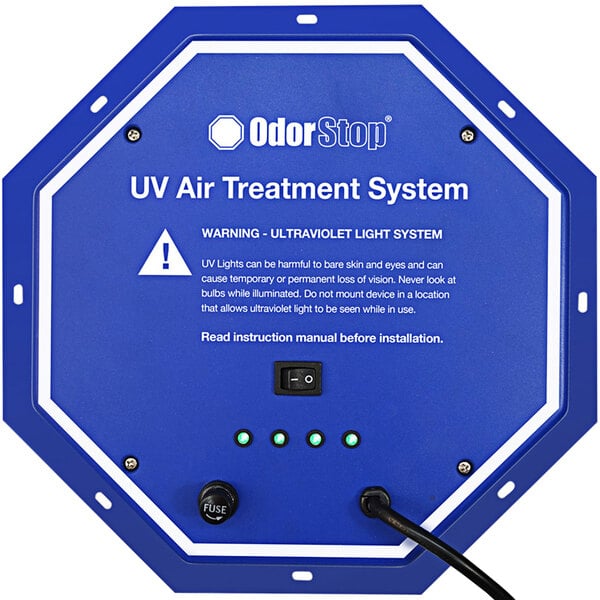 a blue sign with white text and black buttons