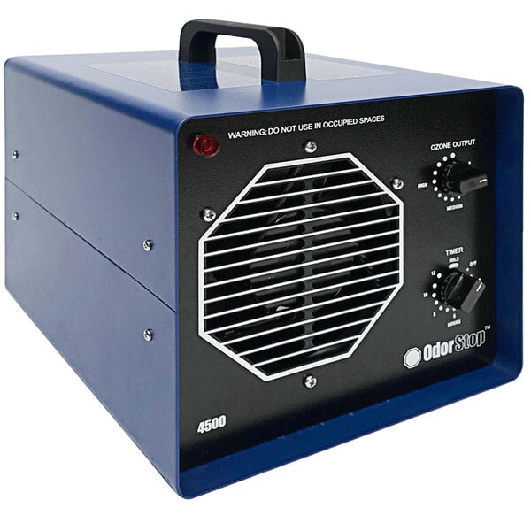 An OdorStop blue box with a black handle and a vent.