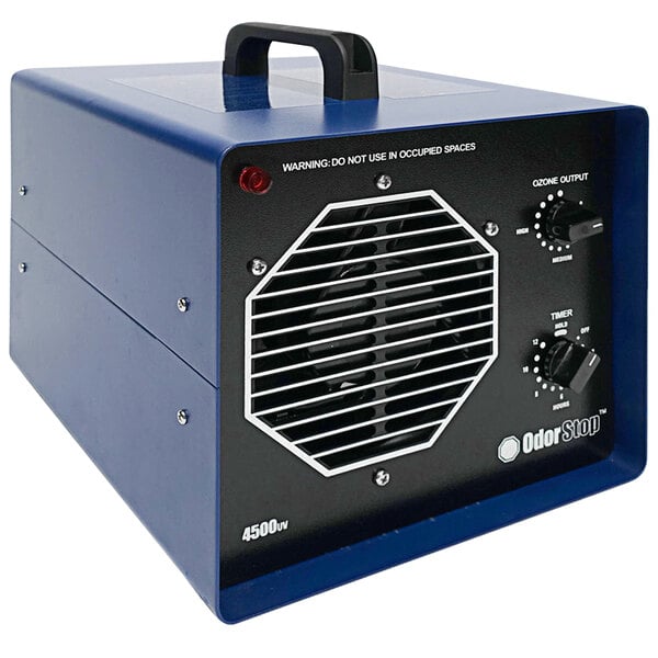 A blue OdorStop ozone generator with a black vent.