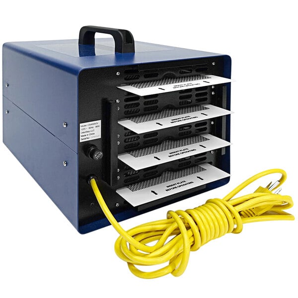 An OdorStop OS4500UV ozone generator and UV air purifier with a blue box and yellow wire.