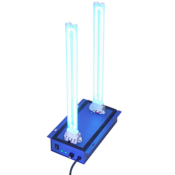 A blue rectangular OdorStop air purifier with two blue tubes.