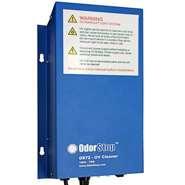A blue OdorStop box with a white label.