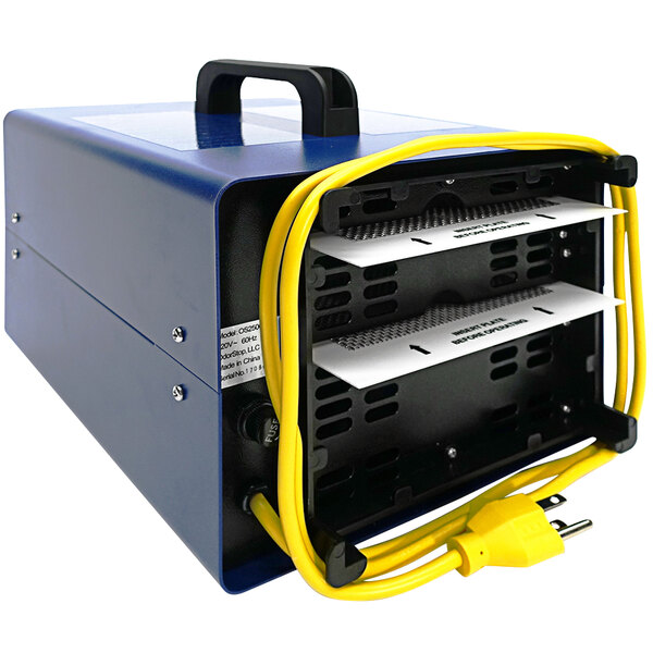 An OdorStop OS2500UV ozone generator and UV air purifier in a blue box with yellow wires.