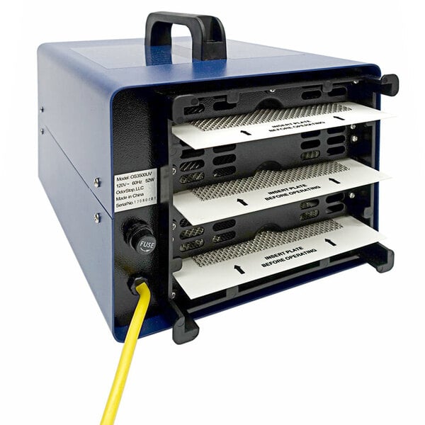 A blue OdorStop air purifier box with a yellow cord.