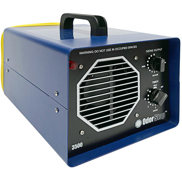 An OdorStop OS3500 Ozone Generator with a blue and yellow machine.