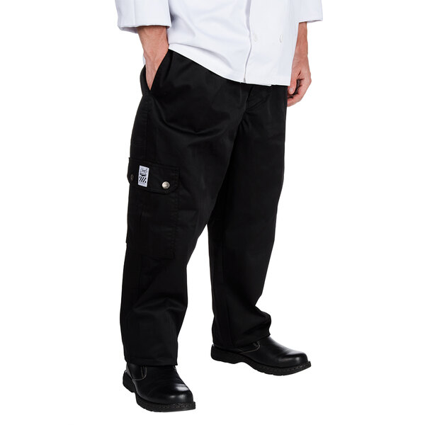 A person wearing Chef Revival black cargo pants and a white shirt.