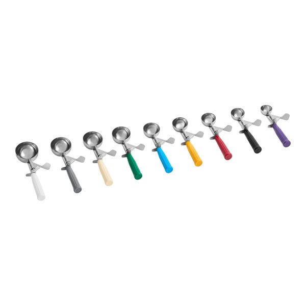 Nine metal scoops with differently colored handles are arranged in a row on a white background.