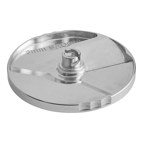 A silver circular AvaMix slicing plate with a small hole in the center.