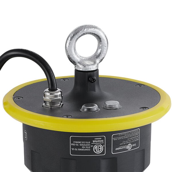 A round black and yellow Lind Equipment Beacon360 Blaze LED portable area light with a wire.