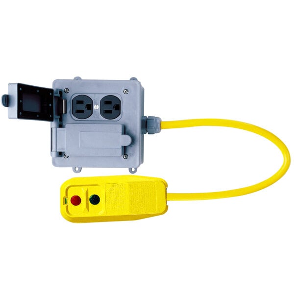 A yellow Lind Equipment GFCI quad box with a yellow cable plugged in.