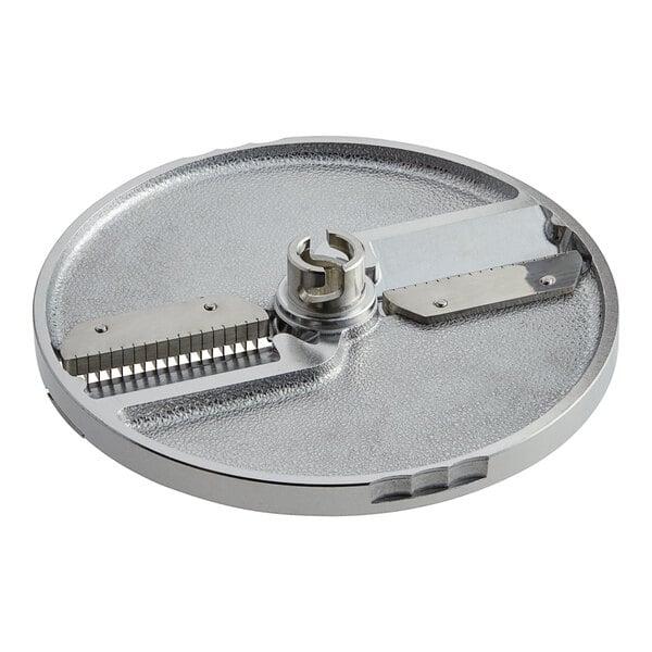 A silver circular metal plate with a screw and a nut.