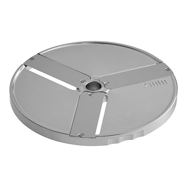 A silver AvaMix circular metal slicing plate with four holes.