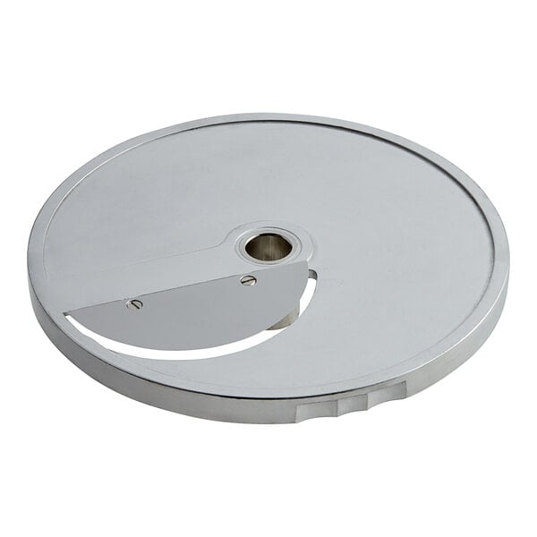 A circular silver AvaMix curved slicing plate with a hole in the center.