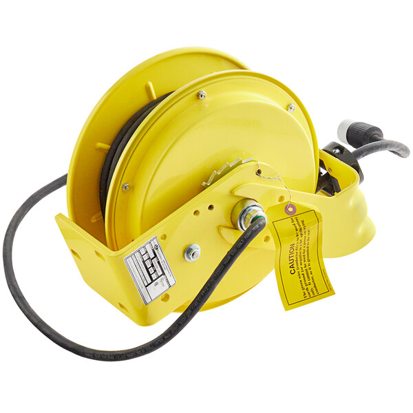 A yellow Lind Equipment extension cord reel with black 14/3 SJOW cable.