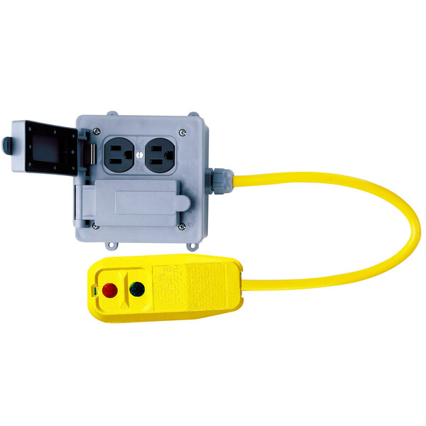 A yellow Lind Equipment GFCI quad box with a yellow 12/3 cord plugged in.