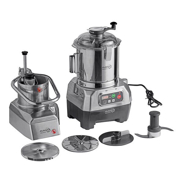 A stainless steel AvaMix food processor bowl, motor base, and continuous feed head.