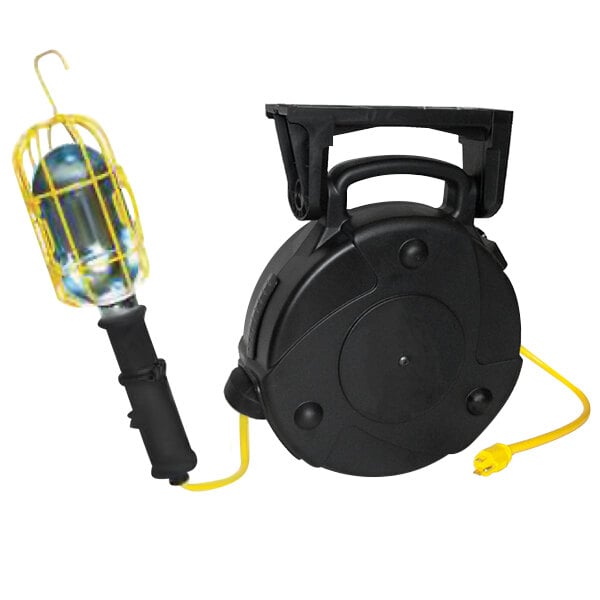 A black reel with yellow and black wire attached to it with a light on the end.