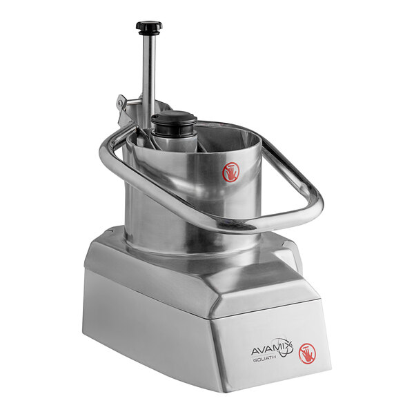 A stainless steel AvaMix continuous feed head for a food processor on a counter in a professional kitchen.